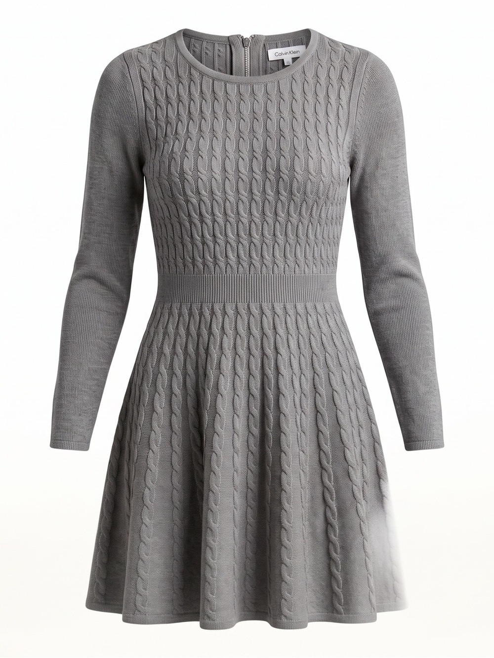 Calvin Klein Grey Cable Knit Fit & Flare Long Sleeve Sweater Dress | M